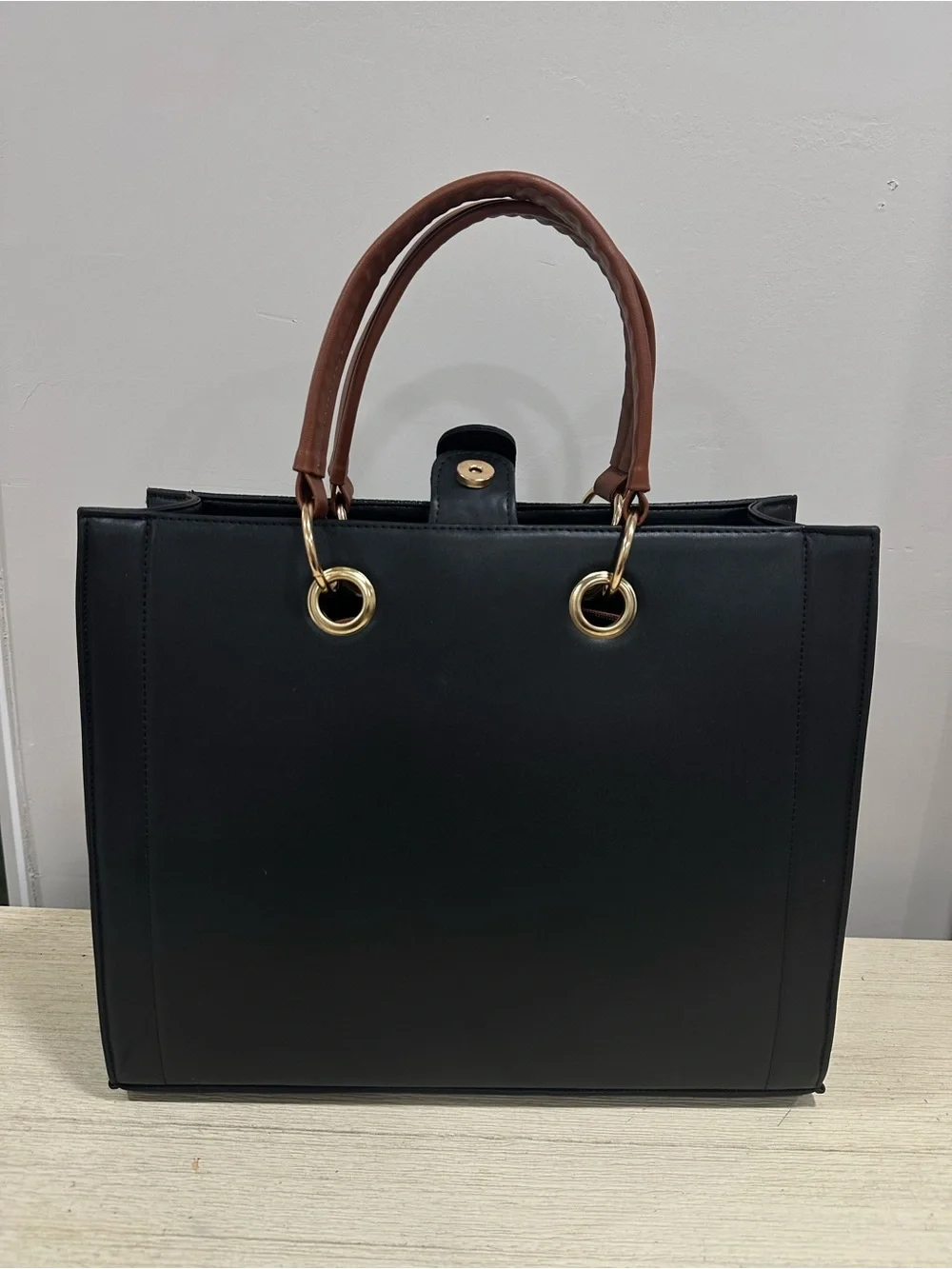 Black Croc-Embossed Mexican leather Tote with Brown Handles